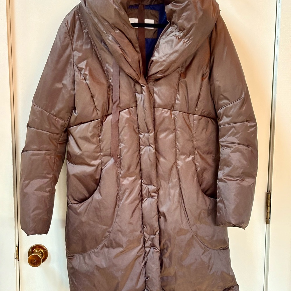 Tahari Down Puffer Coat Shawl Collar Quilted Zipper & Snap Coffee/ Blue Size L